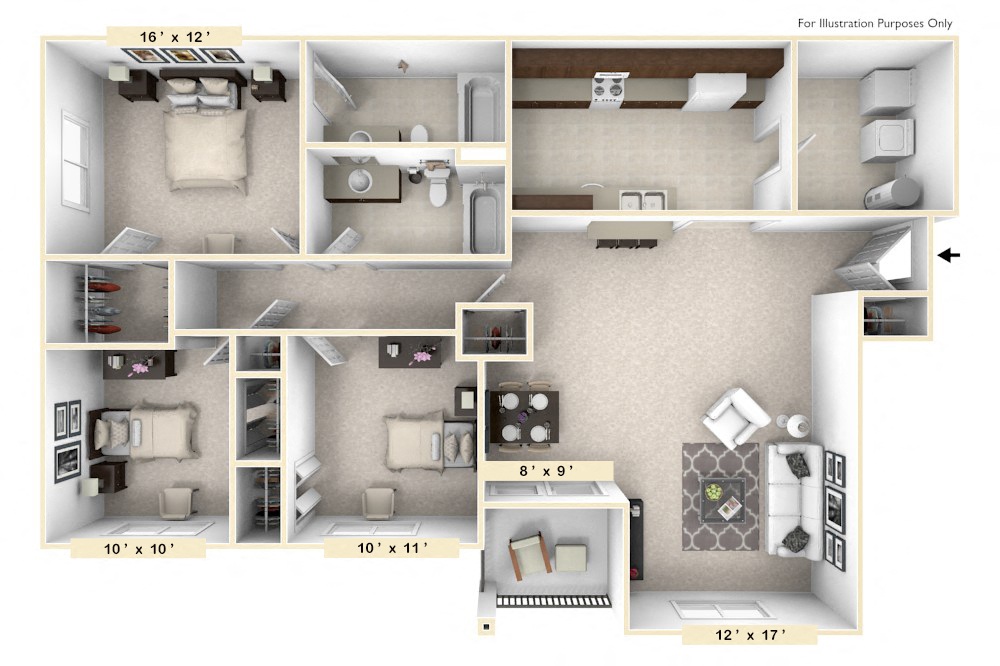 Floor plan for 3 beds, 2 baths, 1274 sqft